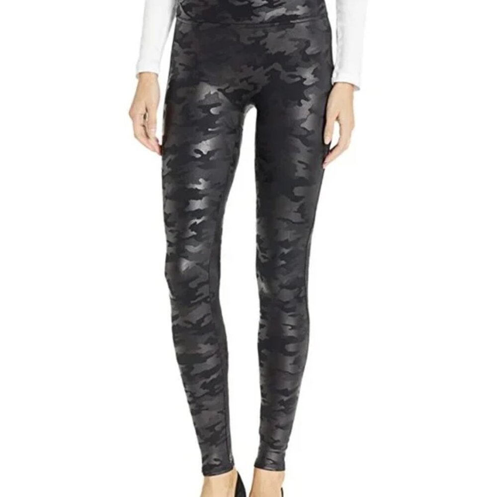 Spanx Faux Leather Camo Leggings Matte Black Camouflage High Waist  Size S/P